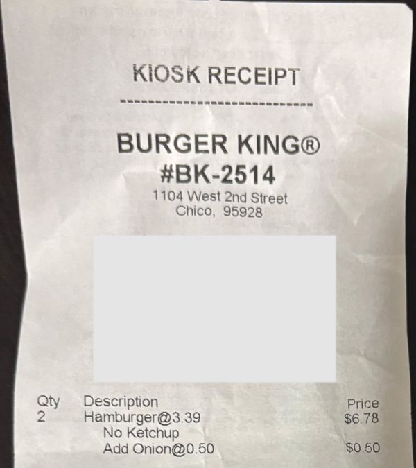 Burger King order showing added onions